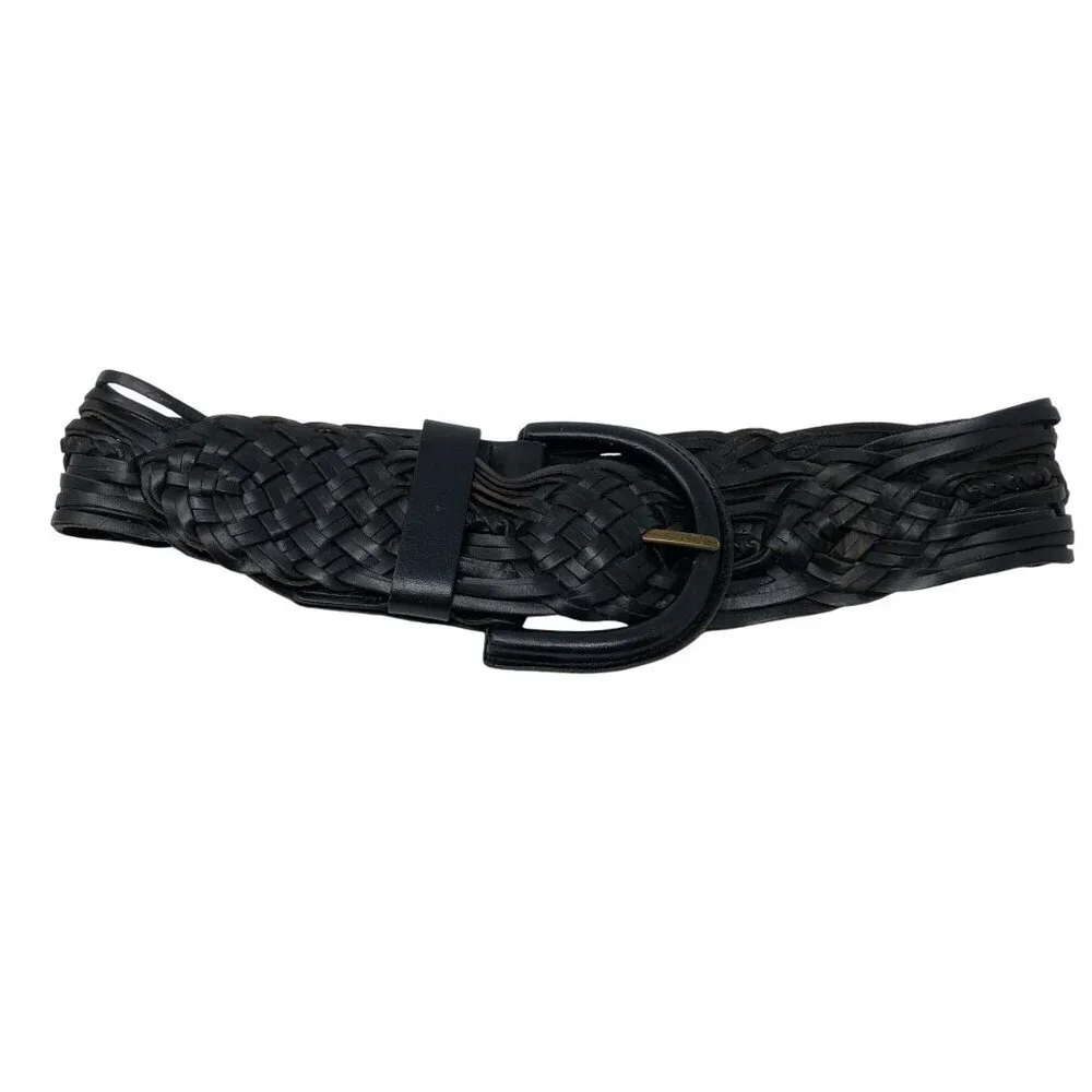 Hobo International Black Woven Leather Belt Brass Buckle Size Small Statement